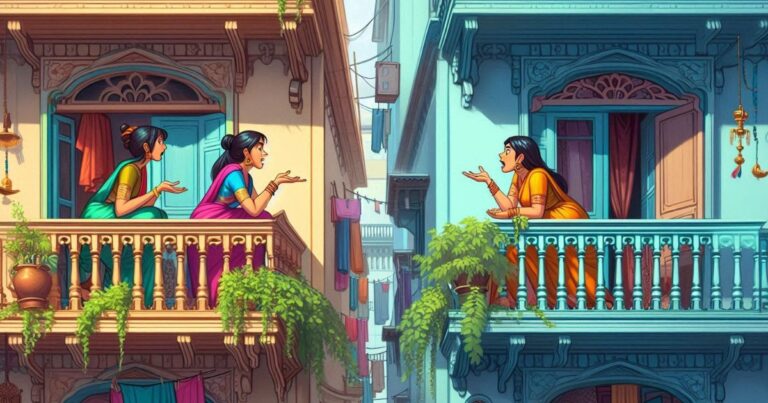 स्टूडियो घिबली की जादुई दुनिया जैसी एक खूबसूरत भारतीय बस्ती में, दो भारतीय पड़ोसी अपनी बालकनी से हल्की नोकझोंक करते हुए दिखाई दे रहे हैं — यह Illustration दिखाता है कि neighbourhood में रिश्ते अक्सर क्यों बिगड़ जाते हैं।