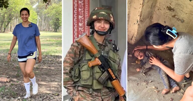 Khushboo Patani rescuing a child, in Army uniform, and demonstrating fitness exercises.