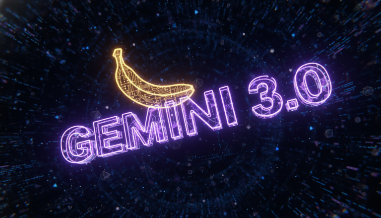 Futuristic 3D typography of Gemini 3.0 in glowing purple neon with a digital circuit Nano Banana Pro logo in the background, representing advanced AI infographic tools for freelancers.