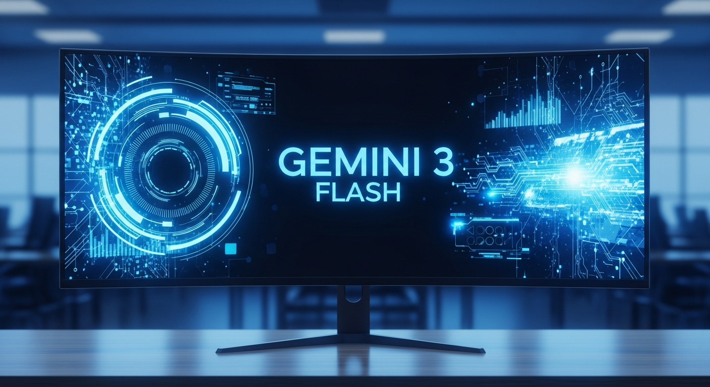 A realistic photograph of a monitor screen displaying glowing blue text "Gemini 3 Flash" surrounded by technical graphics.