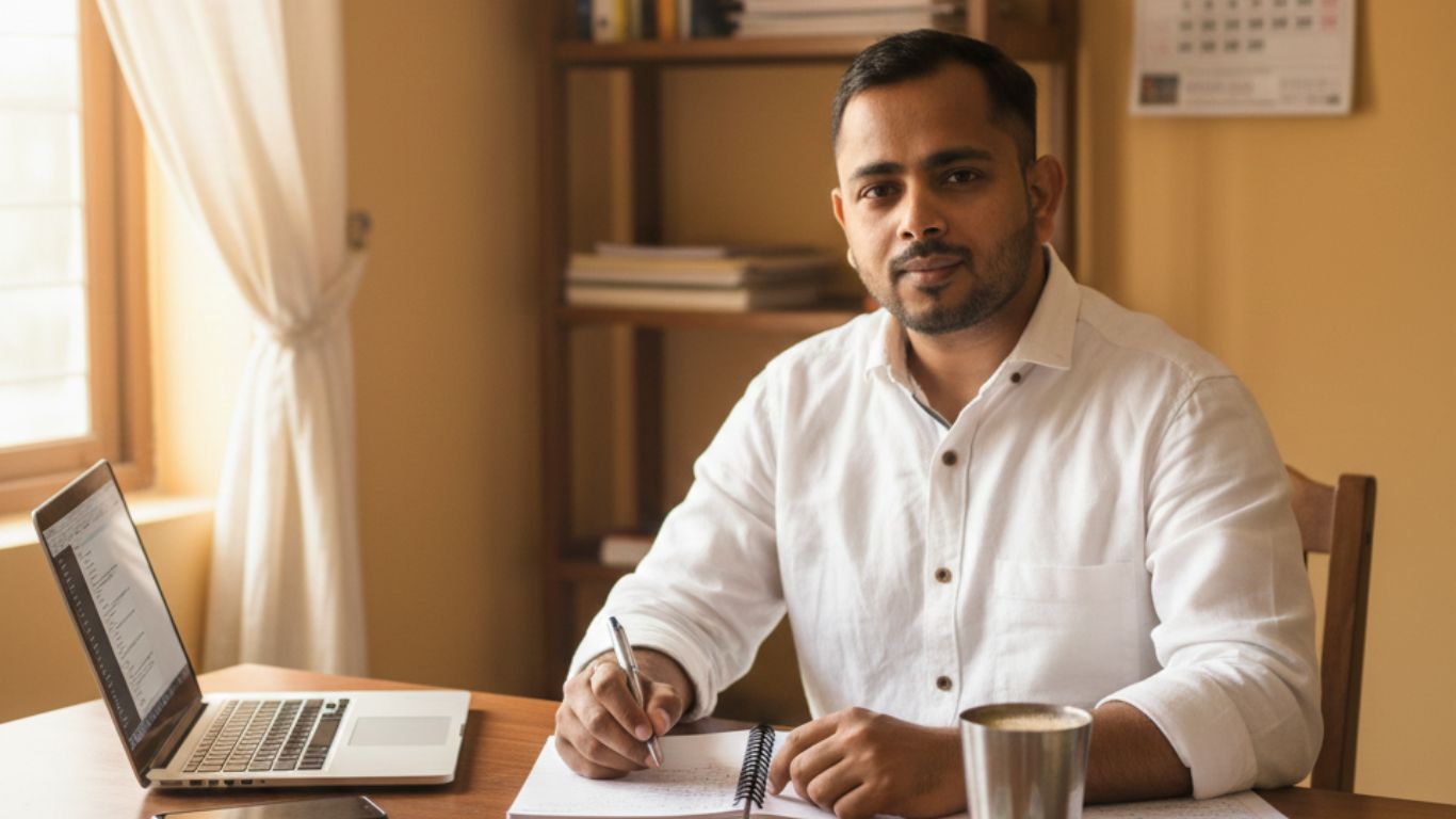 The Future of Text Blogging and the Economy of Human Trust 1 Sachin Prajapati sitting at a desk writing by hand, illustrating the importance of authentic human experience and trust in the future of text blogging.