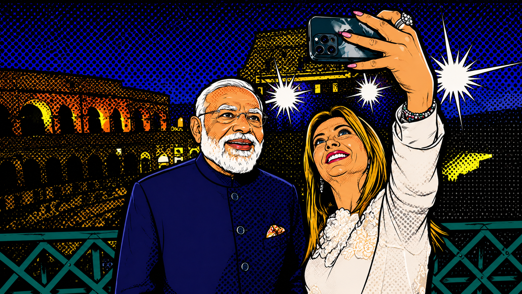 Prime Minister Narendra Modi and Italian Prime Minister Giorgia Meloni taking a selfie together in a vibrant comic book art style.
