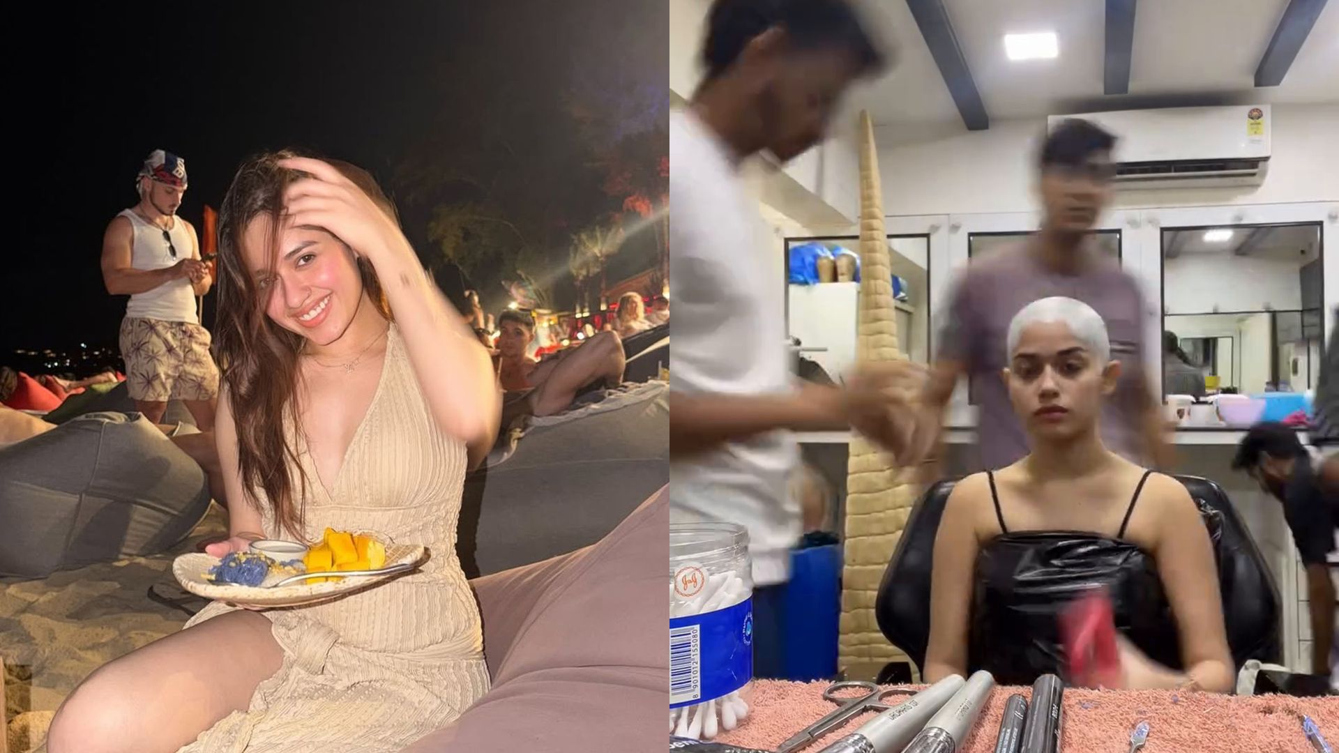 Collage of Jannat Zubair featuring a beachside night photo in a beige outfit and a salon makeover scene with a closely shaved hairstyle look.